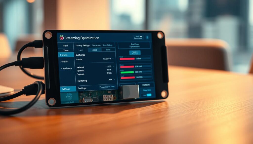 A Raspberry Pi device placed on a wooden table, its screen displaying a streaming optimization interface. The interface shows real-time metrics, network settings, and buffering adjustments. Soft, warm lighting illuminates the scene, creating a focused, technical atmosphere. The Pi is positioned at a slight angle, with cables neatly routed behind it. In the background, a blurred cityscape or office setting suggests a professional, problem-solving context. The overall impression is one of a well-tuned, efficient streaming setup ready for advanced customization.
