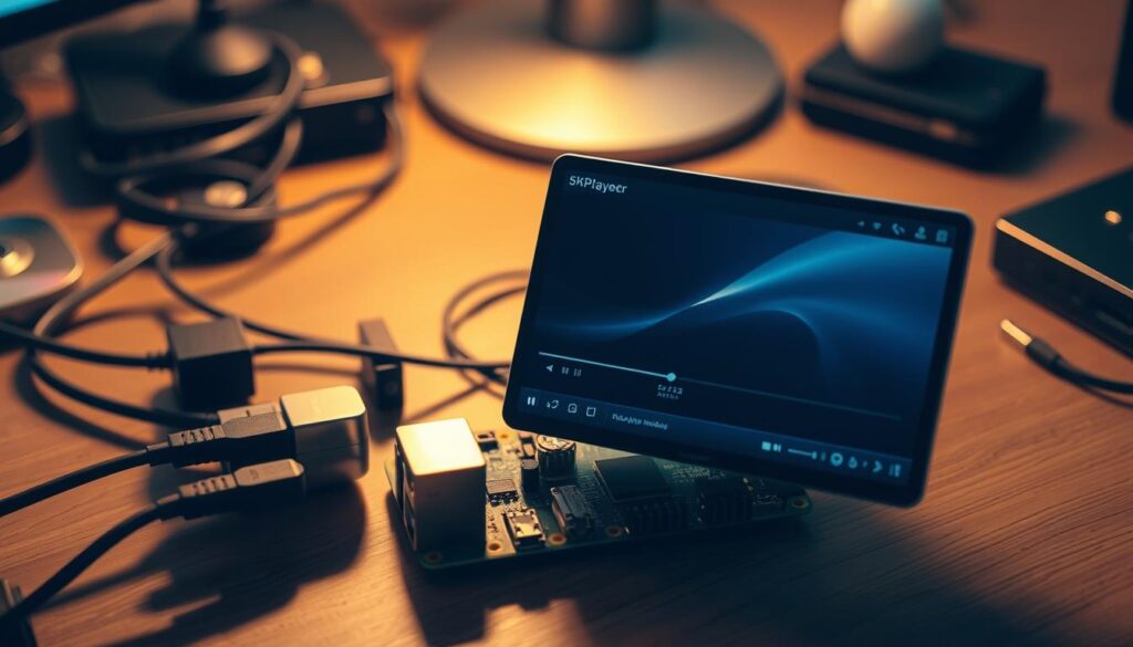 A Raspberry Pi device placed on a wooden table, with a sleek black 5KPlayer media player software window open on its display. The Raspberry Pi is surrounded by various cables, connectors, and accessories, suggesting a technology-focused setup. The lighting is warm and ambient, casting a cozy glow over the scene. The composition emphasizes the Raspberry Pi as the centerpiece, with the 5KPlayer software taking up a significant portion of the frame, highlighting its importance in the setup. The overall atmosphere conveys a sense of functionality and technical proficiency.