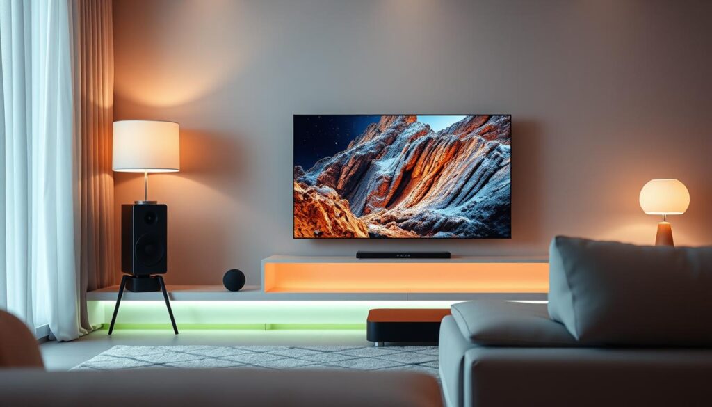 A beautifully optimized streaming experience, with a serene and minimalist visual interface. Soft, ambient lighting illuminates the sleek, modern device as it seamlessly integrates with the user's living space. The screen displays vibrant, high-definition video content, creating an immersive and visually captivating viewing experience. The overall atmosphere exudes a sense of technological sophistication and effortless usability, inviting the viewer to sit back, relax, and fully engage with the content at hand.