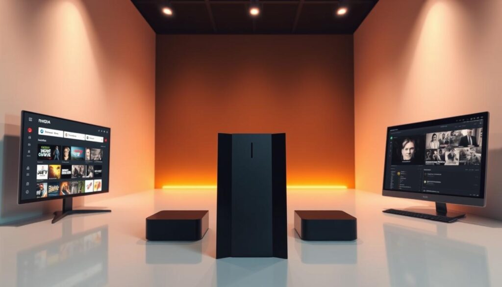 A bright, sleek room with a modern setup showcasing two distinct methods of IPTV installation - the Google Play Store and sideloading. In the center, a high-tech Nvidia Shield device stands prominently, its smooth lines and minimalist design radiating a sense of sophistication. To the left, the Google Play Store interface is displayed, offering a streamlined, user-friendly experience. To the right, the sideloading process is illustrated, with a computer screen showing the necessary steps. Warm, indirect lighting creates a professional, informative atmosphere, highlighting the technical details and guiding the viewer's attention to the core subject matter.