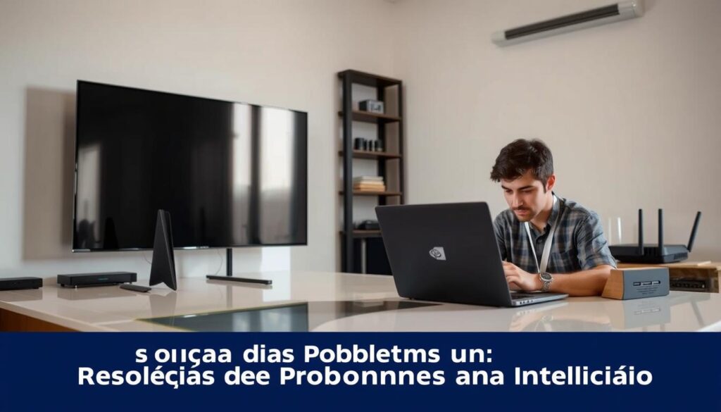 A bright, well-lit room with a Nvidia Shield TV prominently displayed on a sleek, modern desk. In the foreground, a person is sitting at the desk, intently focused on a laptop screen, as they troubleshoot an IPTV installation issue. The person's expression conveys a sense of determination and problem-solving. In the background, various networking equipment, such as a router and modem, can be seen, hinting at the technical nature of the task at hand. The overall scene exudes a sense of professionalism and expertise, reflecting the "Resolução de Problemas Comuns na Instalação" section of the article.