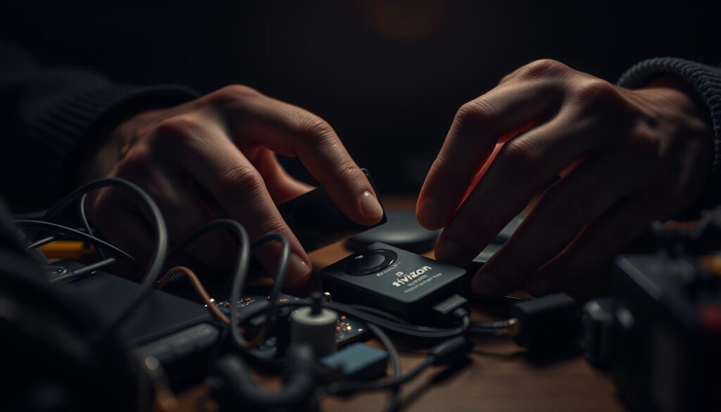 A close-up view of a person's hands tinkering with a Fire TV Stick, surrounded by various electronic components and cables. The work area is dimly lit, creating a pensive atmosphere. The hands are focused and determined, reflecting the process of troubleshooting and problem-solving. The background is blurred, emphasizing the attention on the task at hand. The image conveys a sense of technical expertise and the importance of resolving common issues to ensure a seamless user experience with the TiviMate application on the Fire TV Stick.
