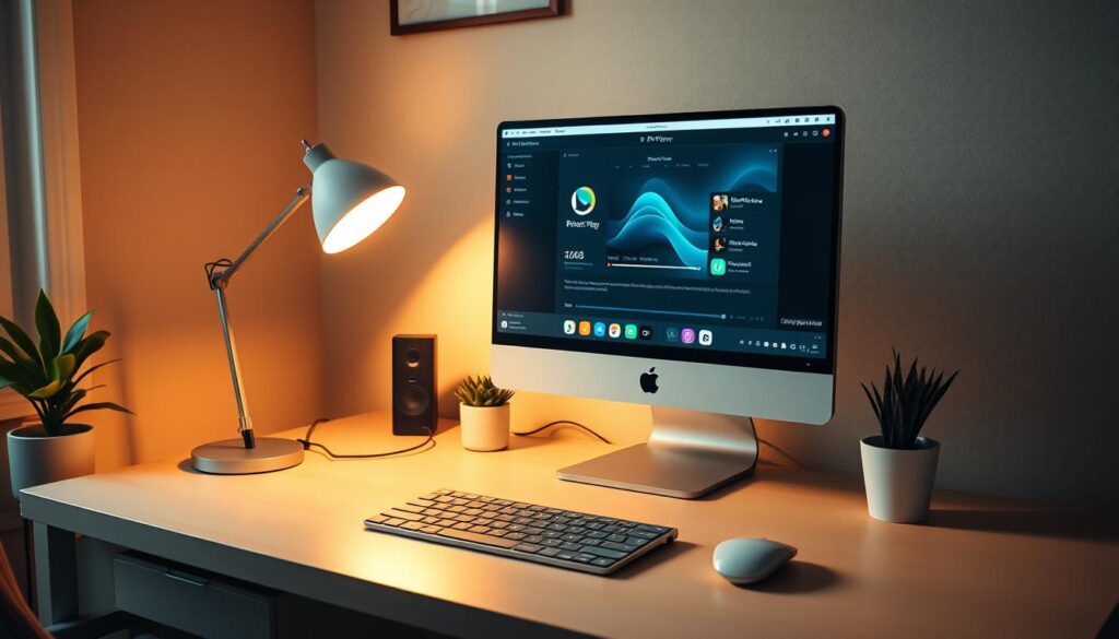 A cozy home office setting with a desk, computer, and Perfect Player software interface displayed on the screen. The desk is neatly organized with a sleek, modern aesthetic, featuring a minimalist lamp and a potted plant. Warm, diffused lighting illuminates the scene, creating a calm and focused atmosphere. The camera angle captures the desktop from a slightly elevated perspective, emphasizing the clean, professional look of the setup. The overall composition suggests a thoughtful, well-planned initial configuration of the Perfect Player application.