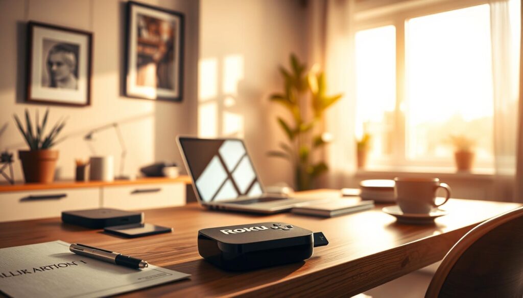 A cozy home office setup with a Roku streaming device prominently displayed on a wooden desk. The scene is bathed in warm, natural lighting from a large window, casting a soft glow on the surroundings. On the desk, a laptop, a cup of coffee, and a few essential accessories create a productive, yet inviting atmosphere. The background features minimalist decor, with a potted plant and a framed artwork adding subtle pops of color. The overall composition conveys a sense of preparedness and focus, perfect for illustrating the "Preparação do Ambiente e Requisitos do Dispositivo" section of the article.
