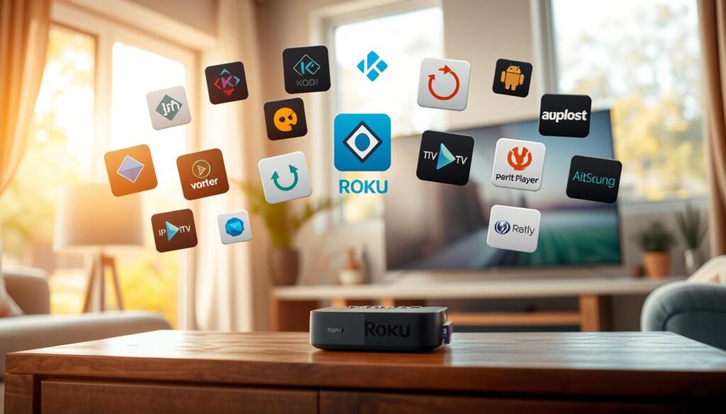 A cozy living room scene with a Roku device prominently displayed on a wooden TV stand. Various streaming apps and IPTV service icons float around the Roku, including popular options like Kodi, Tivimate, and Perfect Player. The room is illuminated by warm, natural light filtering through large windows, creating a welcoming atmosphere. The overall composition emphasizes the variety of IPTV solutions available for Roku users, conveying a sense of choice and flexibility.