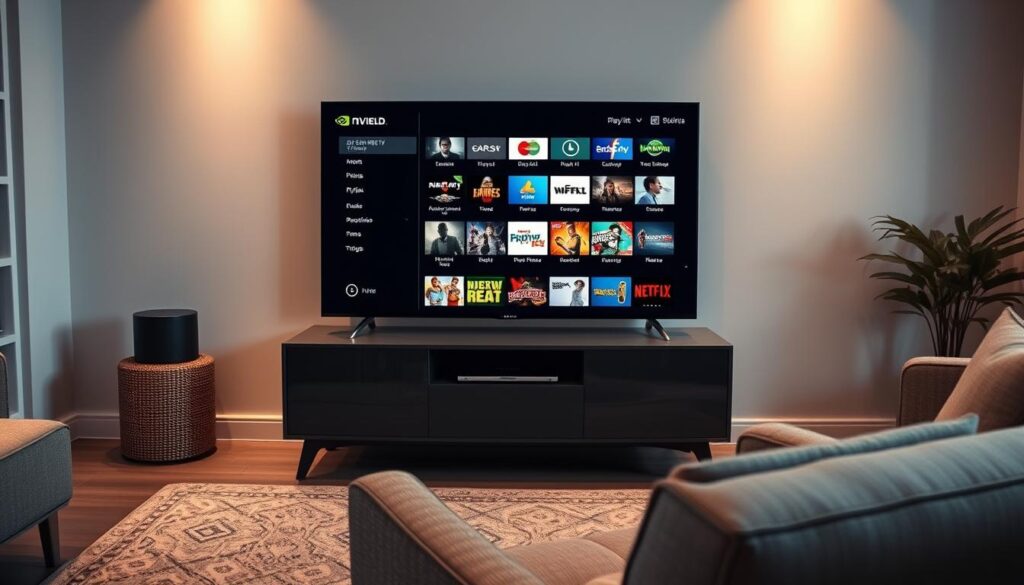 A cozy living room setting, with a Nvidia Shield TV prominently displayed on a sleek media console. The screen shows a well-organized IPTV playlist, its icons and layouts carefully optimized for easy navigation. Soft, warm lighting creates a inviting atmosphere, while the room's decor reflects a minimalist, modern aesthetic. In the foreground, a comfortable armchair invites the viewer to sit back, relax, and enjoy the curated media experience. The overall scene conveys a sense of efficiency, convenience, and entertainment, perfectly capturing the "Recomendações e Dicas de Utilização" section of the article.