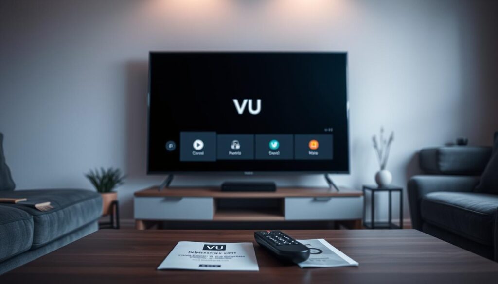 A cozy living room setting with a modern, high-definition smart TV taking center stage. The TV displays the minimalist VU Player interface, showcasing its key requirements - a stable internet connection, compatible smart TV operating system, and intuitive navigation controls. Soft, diffused lighting illuminates the scene, creating a welcoming ambiance. In the foreground, a coffee table holds a remote control and a user manual, hinting at the preparation steps needed to set up the VU Player. The background features subtle, blurred decor elements that complement the room's contemporary design. The overall mood is one of simplicity, technology, and user-friendliness, reflecting the "Requisitos do VU Player" section of the article.