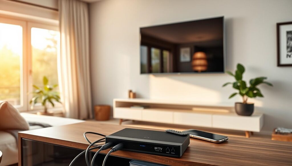 A cozy living room with a sleek smart TV mounted on the wall. The room is brightly lit, with warm natural light streaming in through large windows. In the foreground, a modern media console houses an IPTV set-top box, its connection cables neatly organized. On the console, a remote control and a smartphone are placed, indicating the process of setting up the IPTV system. The background features tasteful decor elements, such as a potted plant and framed artwork, creating a harmonious and welcoming atmosphere. The overall scene conveys a sense of technology seamlessly integrated into a comfortable, stylish home environment.
