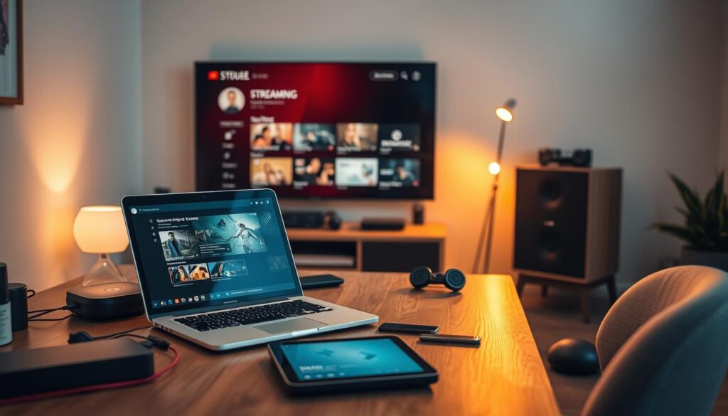A cozy workspace with an open laptop, tablet, and various tech gadgets arranged neatly on a wooden desk. The lighting is soft and warm, creating a focused, problem-solving atmosphere. In the background, a minimalist wall display showcases a streaming service interface, hinting at the technical nature of the subject. The overall scene conveys a sense of diligence and determination to resolve any issues with the streaming system.
