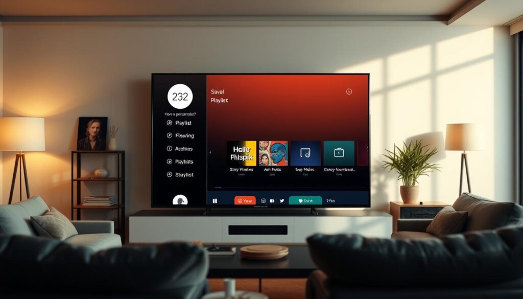 A crisp, clear image of a smart TV interface displaying the Duplex Player app, with a focus on the playlist customization options. The TV screen is positioned in the middle ground, surrounded by a modern, minimalist living room setting with warm lighting and clean lines. The interface showcases the playlist personalization features, with intuitive controls and a sleek, user-friendly design. The overall atmosphere is one of technological sophistication and seamless home entertainment integration.
