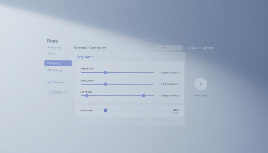 A crisp, digital dashboard interface with elegant Roku icons and sleek typography. The foreground features a central panel showcasing Roku streaming configuration settings, with sliders and toggles for optimizing video bitrate, audio quality, and network prioritization. The middle ground depicts a clean, minimalist design with a subtle grid layout, while the background subtly blurs out to a neutral gradient, creating depth and focus on the key settings. Soft, indirect lighting casts a modern, high-tech ambiance, complemented by muted tones of gray, blue, and white. The overall composition conveys a sense of control, efficiency, and premium user experience for optimizing Roku streaming performance.