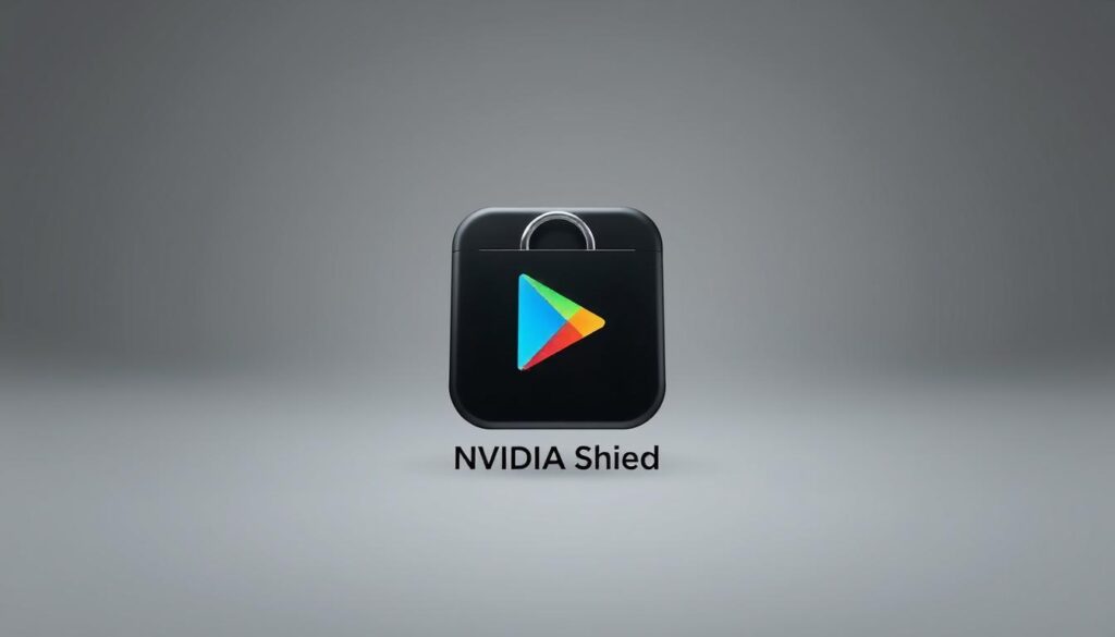 A crisp, high-resolution icon depicting the Google Play Store app for the NVIDIA Shield device. The icon is set against a clean, neutral background, ensuring the app logo takes center stage. The NVIDIA Shield logo and branding are prominently featured, conveying a sense of premium hardware integration. Vibrant colors, clean lines, and a modern, minimalist design aesthetic capture the essence of the Android TV platform. The overall composition is balanced, with the app icon occupying the foreground and the background providing subtle emphasis. Realistic lighting and subtle reflections add depth and realism to the image, creating a professional, polished appearance.