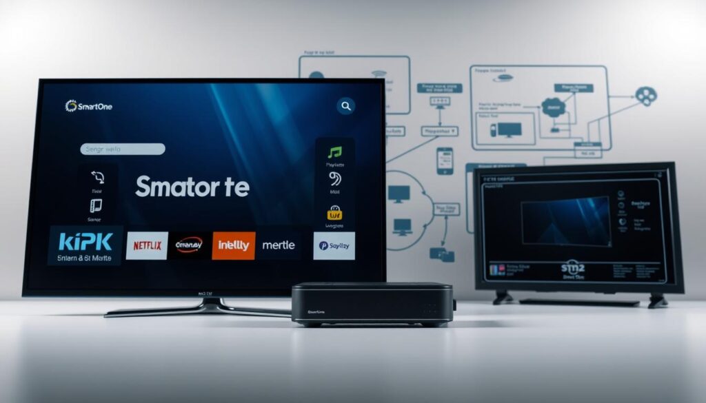 A detailed and visually striking configuration screen for the SmartOne IPTV service. The foreground features a high-resolution display of the SmartOne interface, showcasing its sleek and intuitive user experience. The middle ground depicts various smart TV devices, including a modern flatscreen and a compact set-top box, highlighting the service's compatibility across platforms. The background subtly incorporates technical diagrams and network topology, conveying the underlying technology powering the IPTV solution. The lighting is soft and diffused, creating a sense of professionalism and sophistication. The overall composition and perspective provide a comprehensive yet visually appealing representation of the "Configuração e Ativação do SmartOne IPTV" section.