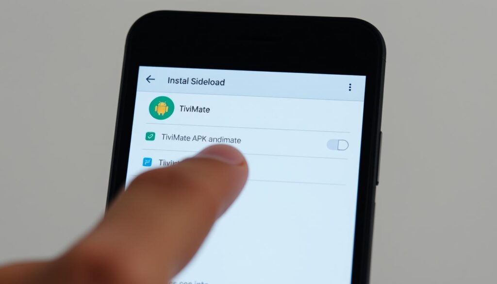 A detailed, close-up view of a smartphone screen displaying the TiviMate app's sideload installation process. The foreground features a hand gently tapping and navigating through the Android settings, while the middle ground showcases the TiviMate APK file being selected for installation. The background is a minimalist, neutral-toned environment, allowing the screen and hand gestures to be the focal point. The lighting is soft and even, creating a clean, professional aesthetic. The overall mood is one of focus and step-by-step guidance, reflecting the instructional nature of the "Método de Sideload para TiviMate" section.