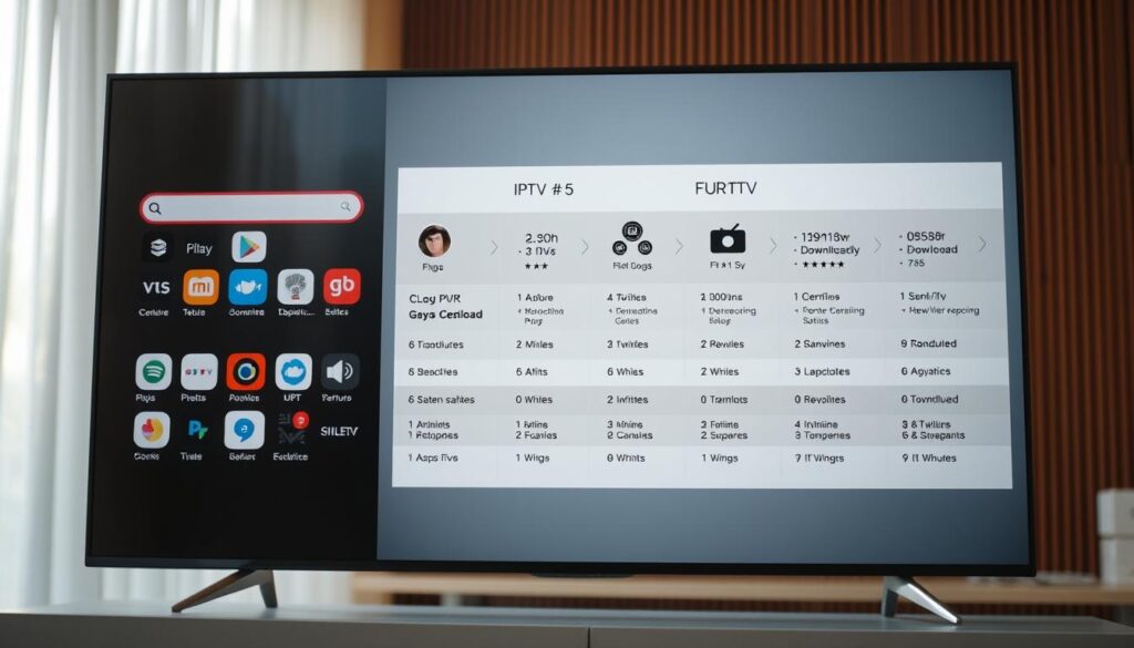 A detailed comparison of various IPTV applications displayed on a sleek, modern smart TV screen. The foreground features neatly organized app icons, each showcasing their unique features and capabilities. The middle ground highlights detailed performance metrics, download sizes, and user ratings to aid in the decision-making process. The background softly blurs, creating a sense of depth and focus on the key information. Warm lighting illuminates the scene, conveying a sense of professionalism and expertise. The composition is balanced, with a clean and minimal aesthetic to align with the subject matter.