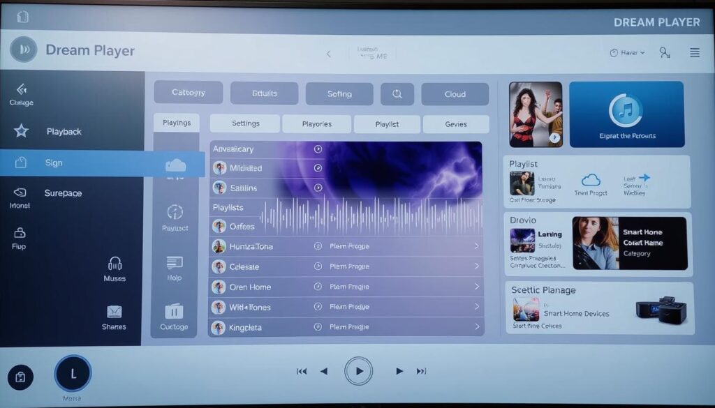 A detailed configuration dashboard of the Dream Player media software, featuring a clean and modern interface with sleek icons, customizable settings, and an immersive visualization of audio playback. The foreground showcases the player's main controls and playback options, while the middle ground displays various media library categories and playlists. The background subtly highlights the software's integration with smart home devices and cloud storage, creating a comprehensive and intuitive media management experience. The lighting is soft and balanced, and the camera angle provides a clear and comprehensive view of the configuration screen, inviting the user to explore and personalize the Dream Player's setup.