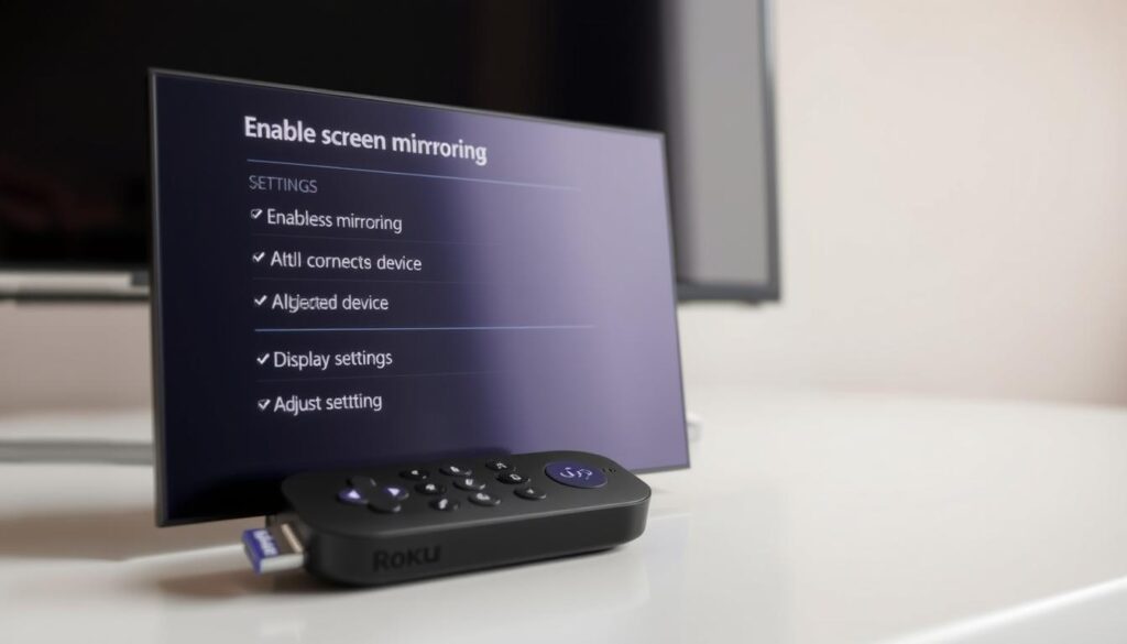 A detailed, high-quality image of a Roku device's screen mirroring configuration interface. The foreground shows the Roku's on-screen settings, with clear options for enabling screen mirroring, selecting a connected device, and adjusting display settings. The middle ground features the Roku device itself, with a clean, modern design in muted tones. The background is a soft, neutral gradient, keeping the focus on the device and its interface. Excellent lighting and depth of field create a professional, polished aesthetic suitable for illustrating a technical guide.