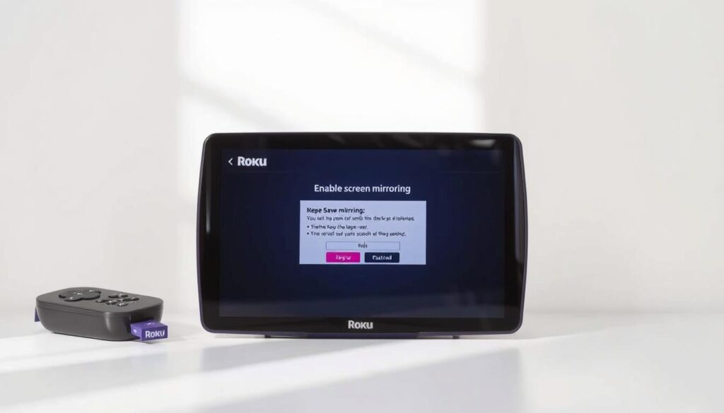 A detailed, high-resolution image of a Roku device screen showing the processo screen mirroring feature. The screen displays a simple user interface with clear icons and text, indicating the step-by-step process of enabling screen mirroring. The device is set against a minimalist, clean background, perhaps a solid color or a subtle gradient, to keep the focus on the screen. Soft, natural lighting illuminates the scene, creating a calm and professional atmosphere. The camera angle is slightly elevated, providing a clear, unobstructed view of the screen's contents. The overall composition is balanced and visually appealing, effectively illustrating the "How to install Baytv player on Roku" section of the article.