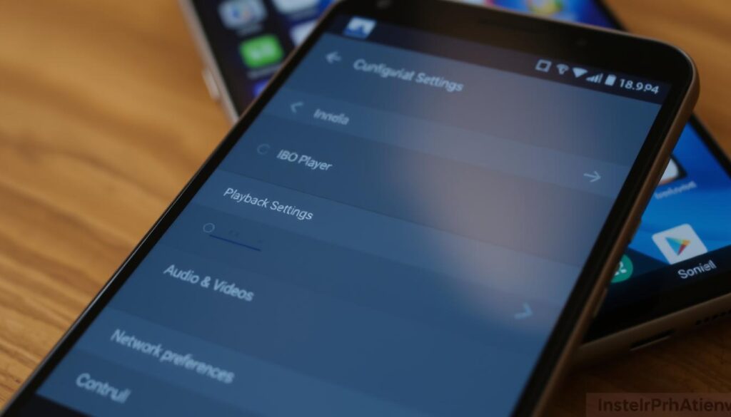 A detailed screenshot of an Android smartphone's screen, showcasing the configuration settings of the IBO Player application after its installation. The foreground displays the various customization options, including playback settings, audio and video controls, and network preferences. The middle ground shows the main interface of the IBO Player, with a clean, minimalist design and intuitive navigation. The background features a blurred, out-of-focus view of the smartphone's home screen, providing context and a sense of the device's overall environment. The lighting is natural, with a warm, inviting tone, and the image is captured at a slightly tilted angle to create a dynamic, engaging composition.