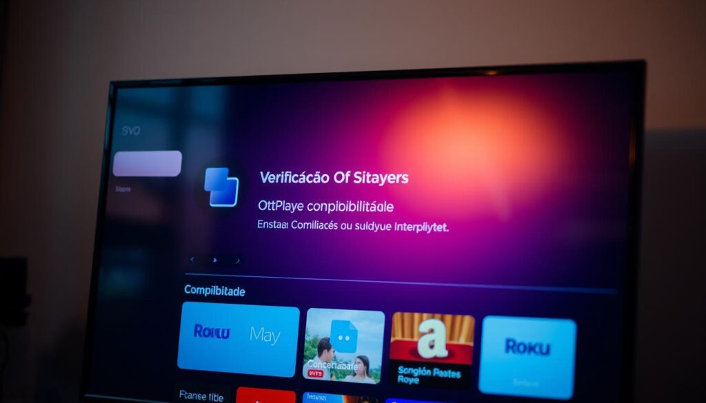 A detailed shot of a Roku device interface, showcasing the "Verificação Sistema Roku Compatibilidade" section. The screen is illuminated by warm, natural lighting, captured with a high-resolution DSLR camera from a slightly elevated angle. The interface displays clear, intuitive icons and menus, inviting the user to explore the device's capabilities. The overall atmosphere conveys a sense of simplicity and user-friendliness, reflecting the ease of installing OttPlayer on the Roku platform.