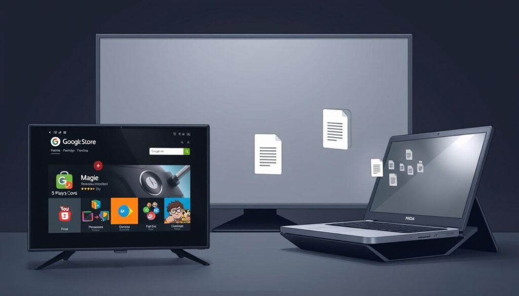 A detailed, step-by-step illustration of installing the Google Play Store and sideloading applications on a Nvidia Shield TV. The foreground depicts a user interface with the Google Play Store homepage and an app download progress indicator. The middle ground shows the sideloading process, with files being transferred from a laptop to the Shield device. The background features the Nvidia Shield TV hardware, with clean, well-lit angles highlighting its sleek design. The overall scene conveys a sense of technical expertise and a step-by-step tutorial, with a muted color palette and soft lighting to create a professional, instructional atmosphere.