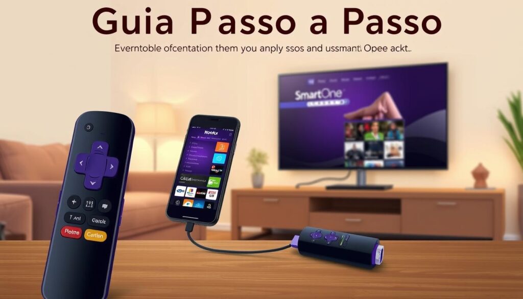 A detailed step-by-step illustration of installing the SmartOne IPTV app on a Roku device. The foreground shows a Roku remote control and a smartphone displaying the SmartOne app interface. The middle ground depicts a Roku streaming device plugged into a modern flat-screen TV. The background features a cozy living room setting with warm lighting and minimal decor, emphasizing the ease and comfort of the installation process. The overall scene conveys a sense of simplicity and user-friendliness, reflecting the "Guia Passo a Passo" section title.
