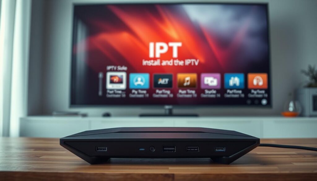 A detailed, step-by-step process of installing the IPTV app on an Nvidia Shield device. Showcase the Shield in the foreground, with the app installation screens and UI clearly visible. Depict the process in a well-lit, clean, and modern setting, capturing the user's focus and attention. Include subtle technical details like the Shield's ports and connectors to convey the specificity of the setup. Convey a sense of ease and clarity, reflecting the straightforward nature of the installation process for the user.