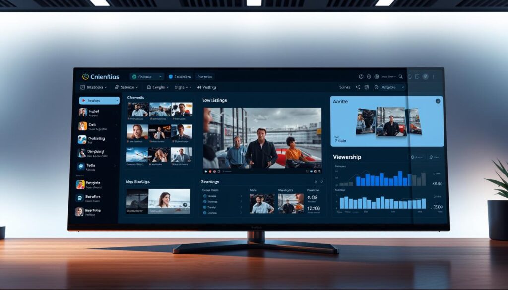 A detailed, well-lit interface displaying a streaming service's channel management system. In the foreground, a sleek dashboard with interactive widgets showcasing channel listings, viewership analytics, and content scheduling tools. The middle ground features a large video preview window, allowing the user to monitor live streams. In the background, a clean, minimalist design with subtle gradients and iconography, conveying a sense of professionalism and technological sophistication. The overall atmosphere is one of efficiency, control, and a focus on optimizing the streaming experience.