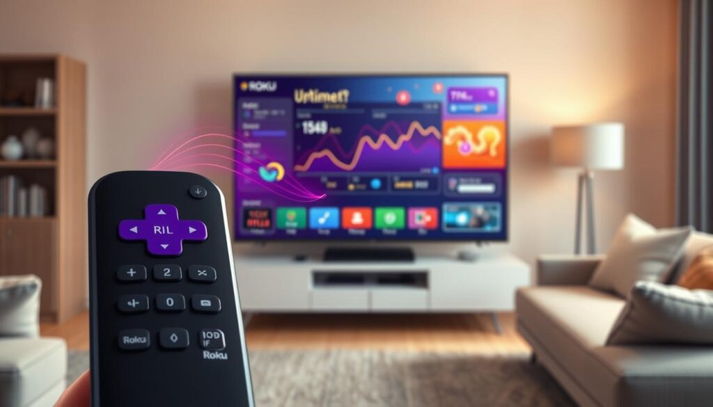A digital illustration of an optimization process for IPTV streaming on a Roku device. The foreground features a Roku remote control with intuitive buttons and a clean, minimalist interface. In the middle ground, colorful data visualizations and performance metrics dance across the screen, representing the streamlined optimization process. The background showcases a sleek, modern living room setup with a Roku-enabled smart TV, conveying a cozy, tech-savvy atmosphere. The lighting is warm and soft, creating a sense of comfort and efficiency. The overall composition highlights the seamless integration of IPTV optimization on the Roku platform.