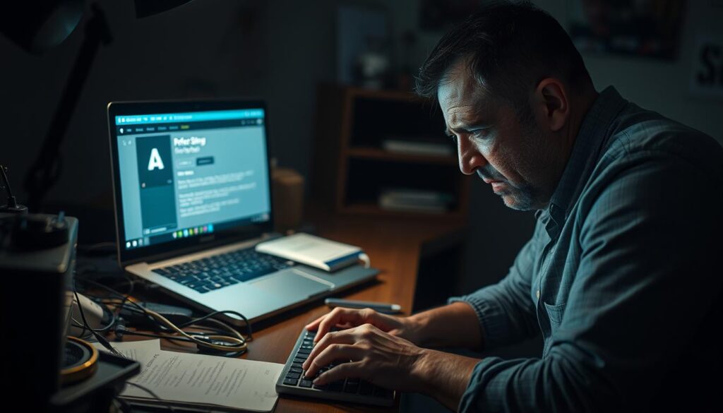 A dimly lit home office, the glow of a laptop screen illuminating the frustrated face of a user as they troubleshoot the Perfect Player application on their NVIDIA Shield. The desk is cluttered with notes, cables, and a reference manual, hinting at the complexity of the task at hand. The user's brow is furrowed, their fingers tapping the keyboard in a frantic search for a solution. Soft, moody lighting casts shadows across the scene, adding to the sense of tension and concentration. The overall atmosphere conveys the challenge of problem-solving, the determination to overcome technical hurdles, and the importance of finding the right solution.