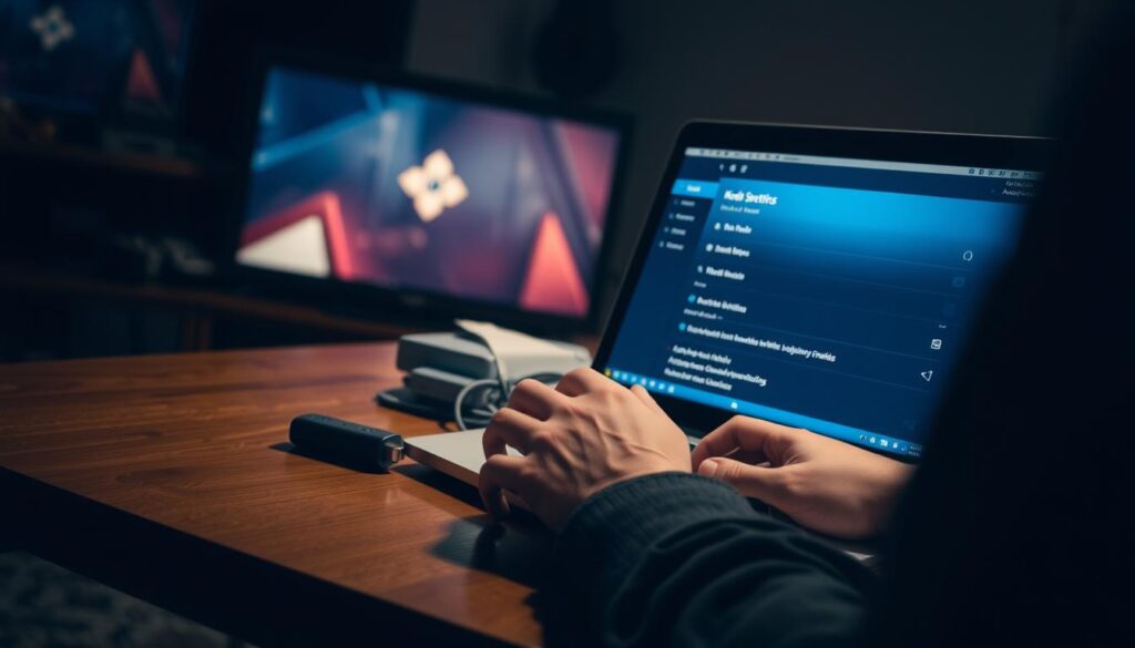A dimly lit room, a Firestick device resting on a wooden table, its interface displayed on a TV screen. In the foreground, a person's hands are working intently on a laptop, brows furrowed in concentration as they navigate through Kodi's settings, troubleshooting any issues. The atmosphere is tense yet focused, the warm glow of the laptop screen casting a gentle light across the scene. In the background, a sense of technological clutter, with cables and other electronic devices visible, hinting at the complexities of the task at hand. The overall mood conveys the determination to solve the problems and restore the Kodi experience on the Firestick.