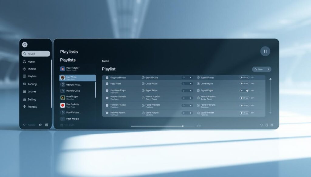 A futuristic media player interface with advanced playlist configuration options. The foreground shows a sleek, minimalist dashboard with clean lines and modern typography. The middle ground features a series of playlists, each with customizable settings like shuffle, repeat, and volume controls. The background has a subtle gradient or abstract pattern, creating a sense of depth and sophistication. The lighting is soft and indirect, giving the scene a calm, contemplative atmosphere. The overall composition conveys a sense of sophisticated, user-friendly digital media management.