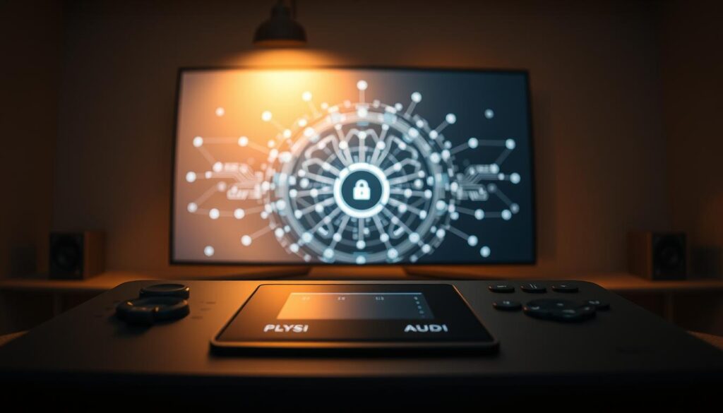 A high-performance IPTV player optimized for seamless streaming, set against a sleek, minimalist user interface. The foreground features the player's crisp, responsive controls, with a clean layout and intuitive menus. In the middle ground, dynamic visualizations pulse in sync with the audio, creating an immersive, cinematic experience. The background showcases a stylized network diagram, hinting at the robust backend infrastructure powering the smooth playback. Warm, diffused lighting and muted tones evoke a sense of refinement and technical prowess, capturing the essence of optimized IPTV performance.