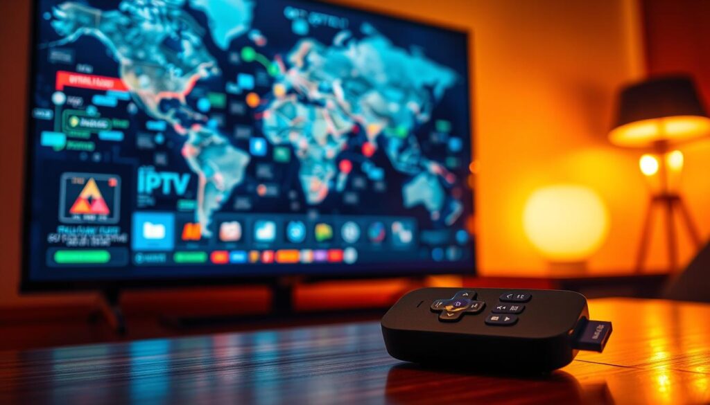 A high-quality IPTV stream with vibrant colors and sharp details. A Roku device in the foreground, its interface displaying a menu for optimizing stream quality. In the background, a world map representing the global IPTV network, with data visualizations and network graphs. Soft, warm lighting illuminates the scene, conveying a sense of technology and connectivity. The overall mood is one of efficiency, control, and a seamless IPTV experience.