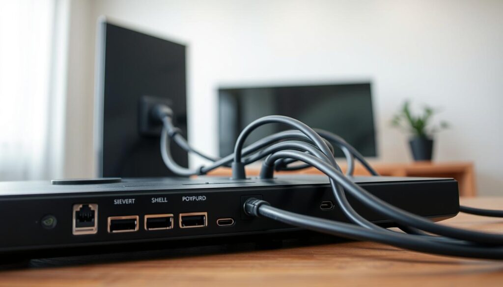 A high-quality close-up image of an IPTV installation on a Nvidia Shield device. The foreground shows the Shield device with various ports and connectors clearly visible. The middle ground depicts the process of connecting cables and wires to the device, with clean and tidy cable management. The background features a blurred, minimalist setting, perhaps a modern home entertainment setup or a clean, well-lit office space. The lighting is soft and natural, emphasizing the technical details of the installation. The overall atmosphere is one of focus, precision, and ease of use, conveying the simplicity and effectiveness of the IPTV setup on the Nvidia Shield.