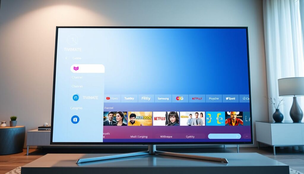 A high-quality, sleek user interface for TiviMate streaming app, showcased on a modern Samsung Smart TV screen. The foreground displays the clean, minimalist design of the TiviMate home screen, with intuitive navigation menus, channel categories, and program thumbnails. The middle ground reveals the TV's slim bezel and metal trim, capturing the premium aesthetic. The background subtly depicts a living room setting, with soft ambient lighting and hints of contemporary decor, establishing a refined, immersive viewing environment. The overall scene conveys a seamless, user-friendly experience that complements the Samsung TV's advanced capabilities.