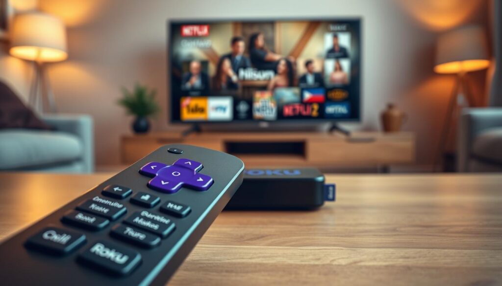 A high-quality streaming setup with a Roku device, featuring a sleek and modern interface. The foreground shows the Roku remote control with its distinctive buttons, highlighting the optimization capabilities. In the middle ground, the Roku device itself is prominently displayed, showcasing its streamlined design. The background depicts a living room setting with a flat-screen TV, creating a cozy and immersive home entertainment atmosphere. The lighting is warm and natural, accentuating the device's elegant lines and the room's inviting ambiance. The overall scene conveys a sense of seamless connectivity, efficient performance, and a delightful streaming experience.