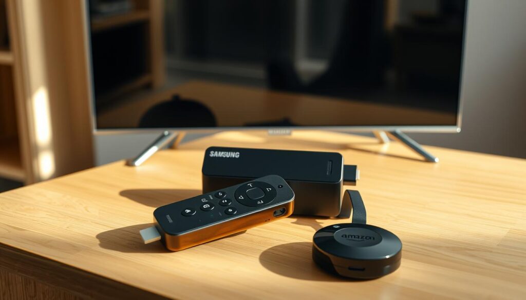 A high-quality, ultra-realistic image of a variety of streaming devices including a Samsung smart TV, a Roku device, an Amazon Fire TV Stick, and a Google Chromecast, neatly arranged on a sleek, minimalist wooden table. The devices are shown in a well-lit, natural setting, with soft, directional lighting emphasizing their modern, premium design. The composition is balanced and visually appealing, with a clean, clutter-free background that allows the devices to take center stage. The image conveys a sense of technological sophistication and the seamless integration of streaming media into the modern home.