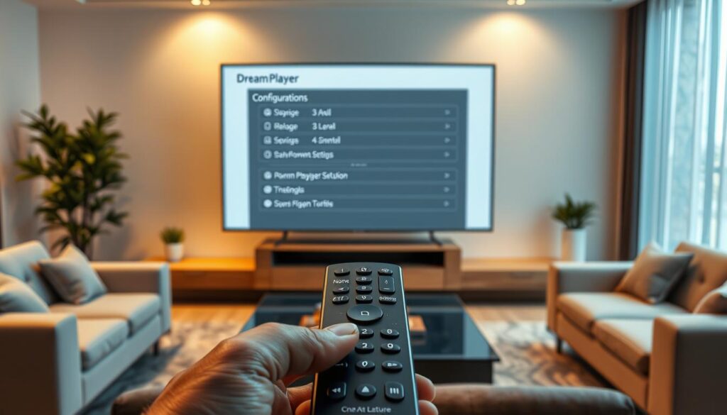 A meticulously arranged smart TV display showcasing the configuration menu of the Dream Player application. The foreground features the TV screen with a clean, minimalist interface, highlighting the various plugin settings. The middle ground depicts the remote control, emphasizing its intuitive layout and functionality. The background sets the scene, with a modern and stylish living room environment, complete with sleek furniture and warm, diffused lighting, creating a cozy and inviting atmosphere for the user experience.