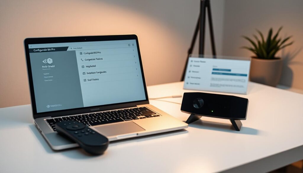 A minimalist home office setup with a laptop, remote control, and an Nvidia Shield device prominently displayed. The laptop is open, showcasing the "Configurações IBO Pro" interface. Soft, diffused lighting creates a warm, focused atmosphere, highlighting the key elements. The composition emphasizes the Nvidia Shield and the configuration settings, conveying a sense of functionality and attention to detail. The background is slightly blurred, keeping the viewer's attention on the core components of the scene.