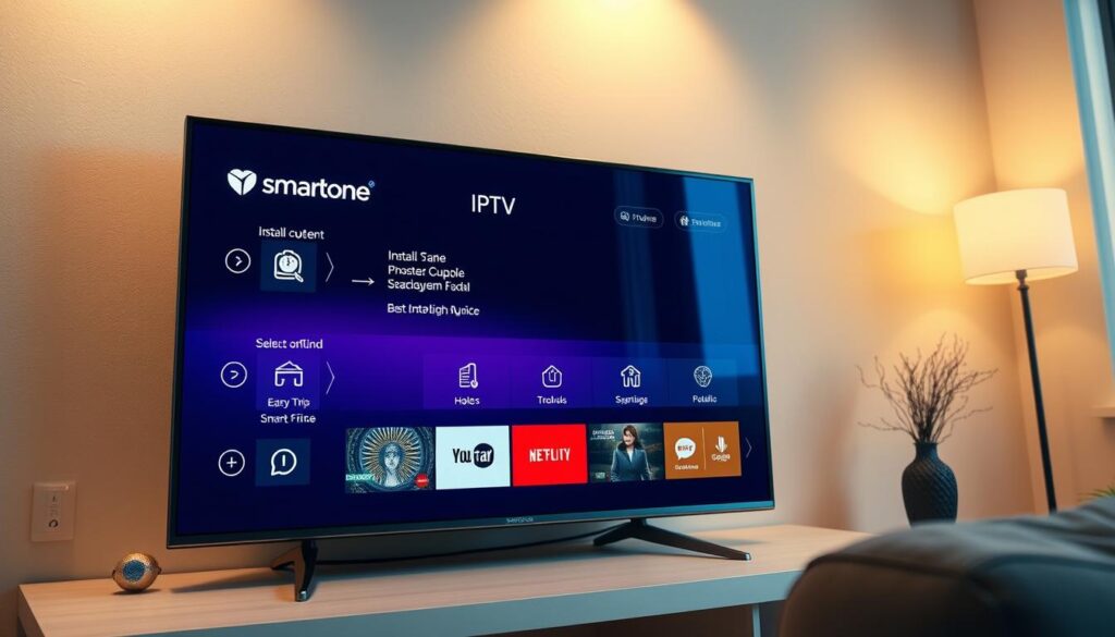 A modern and sleek user interface for the Smartone IPTV service, showcased on a high-definition smart TV screen. The display features clean lines, intuitive navigation menus, and vibrant color schemes that make it easy to browse and select content. The overall layout is crisp and well-organized, with clear icons and text guiding the user through the installation process step-by-step. The scene is illuminated by warm, diffused lighting, creating a welcoming and immersive viewing experience. The TV is positioned at a slight angle, highlighting the display's high-quality resolution and attention to visual detail. The prompt aims to capture the user-friendly and technologically advanced nature of the Smartone IPTV installation, reflecting the guide's "easy-to-follow" approach.