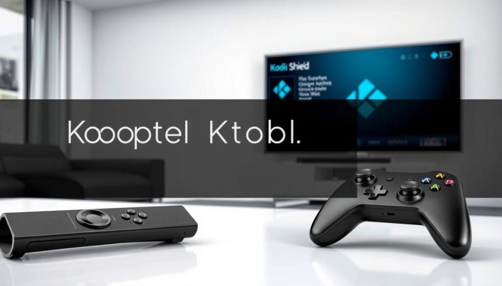 A modern, clean-looking installation guide for Kodi on a Nvidia Shield device. In the foreground, a Nvidia Shield remote and controller are prominently displayed, conveying the primary hardware used. The middle ground features a step-by-step illustrated walkthrough of the Kodi installation process, with clear, concise icons and diagrams. The background depicts a sleek, minimalist living room setting, with a large television screen displaying the Kodi interface. The overall aesthetic is professional, informative, and visually appealing, perfectly complementing the article's subject and section title.