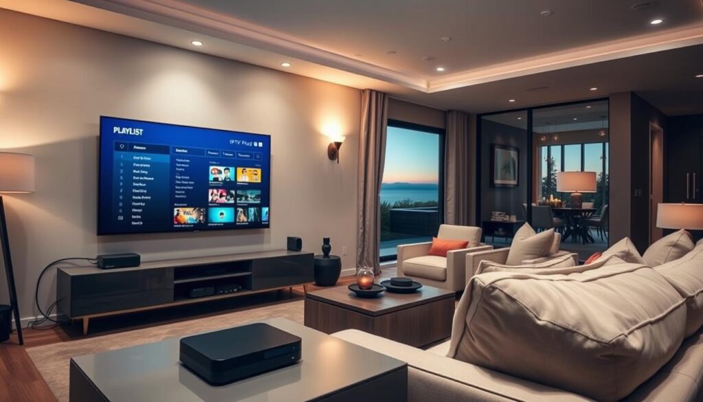 A modern home entertainment setup with a large flatscreen TV mounted on the wall, displaying an IPTV service's playlist interface. The room is well-lit, with soft indirect lighting from lamps and recessed ceiling fixtures, creating a comfortable atmosphere. In the foreground, a sleek media console houses various streaming devices and a set-top box, neatly organized cables running behind it. The middle ground features a cozy seating arrangement, with a plush sofa and chairs arranged in a conversational layout. The background showcases large windows overlooking a serene outdoor scene, adding depth and a sense of tranquility to the space. The overall composition highlights the seamless integration of technology and home decor, creating an inviting environment for enjoying the IPTV playlist.
