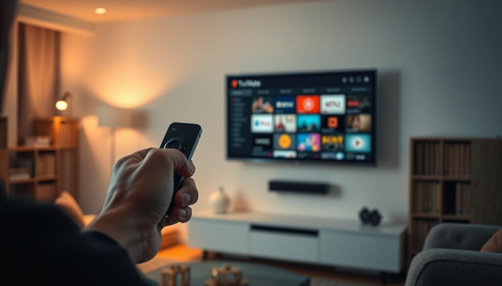 A modern living room with a cozy atmosphere, the focus is on a large flat-screen TV mounted on the wall. In the foreground, a person's hands are holding a Firestick remote, their attention fixed on the device. The Firestick is connected to the TV, and the person is navigating through a user interface, likely the TiviMate app. The room is dimly lit, with warm, soft lighting creating a relaxed ambiance. The background features minimalist décor, with a bookshelf or shelving unit visible, hinting at a well-organized and thoughtful living space. The overall scene conveys the ease and convenience of using the TiviMate app on a Firestick to enhance the home entertainment experience.