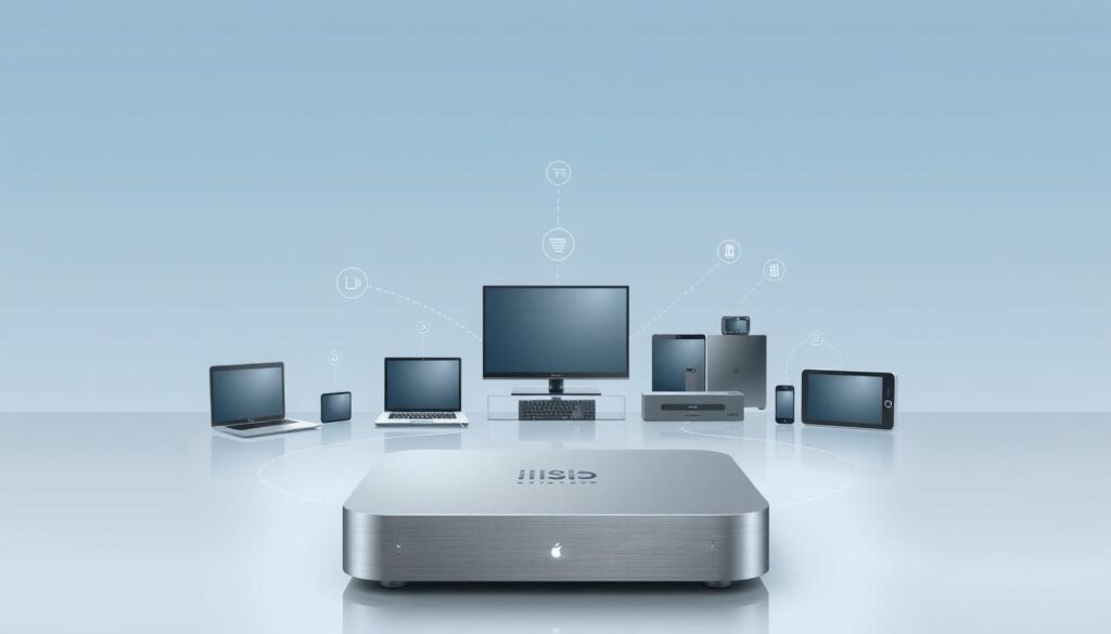 A modern, minimalist digital illustration showcasing the compatibility of the SmartOne IPTV device with a variety of consumer electronics. The foreground depicts the SmartOne IPTV unit, rendered in sleek, metallic tones. In the middle ground, an arrangement of devices such as smart TVs, laptops, tablets, and smartphones surround the IPTV unit, connected by subtle lines and icons to represent their compatibility. The background features a clean, gradient-based color scheme in shades of blue and grey, conveying a sense of technological sophistication. The overall mood is one of seamless integration and versatility, highlighting the SmartOne IPTV's ability to work across multiple platforms and devices.