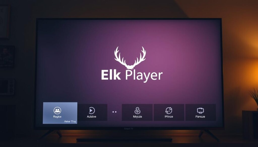 A modern, minimalist smart TV interface with a prominent Elk Player logo prominently displayed in the center. The screen is backlit with a soft, warm glow, creating a cozy, inviting atmosphere. The interface features clean, intuitive navigation options and sleek icons, hinting at the user-friendly experience of setting up and using the Elk Player app. The overall composition conveys a sense of technology, entertainment, and simplicity, perfectly capturing the essence of installing Elk Player on a smart TV.
