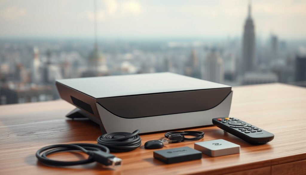 A modern, sleek NVIDIA Shield TV Pro device, sitting atop a minimalist wooden surface, its distinctive shape and soft gray color scheme prominently displayed. In the foreground, various accessories and peripherals are neatly arranged, including an Ethernet cable, a USB drive, and a remote control, symbolizing the required equipment for setting up an IPTV service. The background features a subtle, out-of-focus cityscape, hinting at the device's connectivity and streaming capabilities. The lighting is soft and diffused, creating a warm, inviting atmosphere, and the camera angle is slightly elevated, giving the scene a sense of importance and attention to detail.