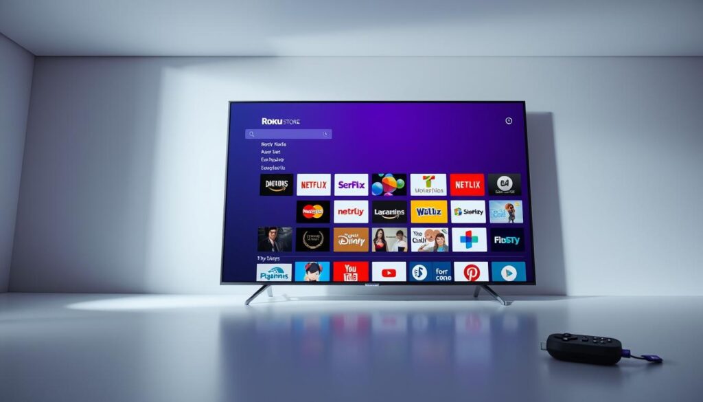 A modern, sleek Roku Channel Store interface showcasing a diverse collection of application icons on a minimalist, gradient-tinted background. Soft, diffused lighting creates a clean, inviting atmosphere, while a low camera angle emphasizes the intuitive, user-friendly layout. The icons are crisp, colorful, and neatly organized, suggesting the wide range of entertainment and utility options available to Roku users. An overall sense of technological sophistication and seamless digital experience permeates the scene.