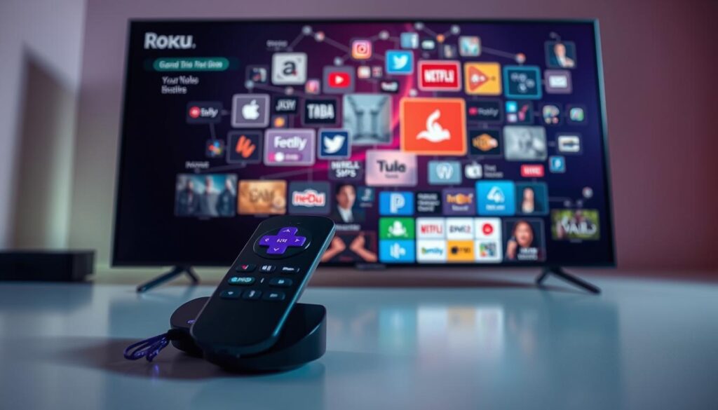 A modern, sleek Roku device set against a backdrop of streaming graphics and UI elements. In the foreground, the Roku remote control is prominently displayed, its buttons illuminated to convey the idea of optimization and control. The middle ground features a visually striking array of streaming app logos, data visualizations, and connection icons, all interwoven to suggest the seamless integration of streaming platforms. The background is a soft, gradient-based environment, with subtle hints of the Roku interface and a warm, inviting color palette. The overall composition should convey a sense of technological proficiency, user-friendliness, and the idea of optimizing the streaming experience on the Roku platform.