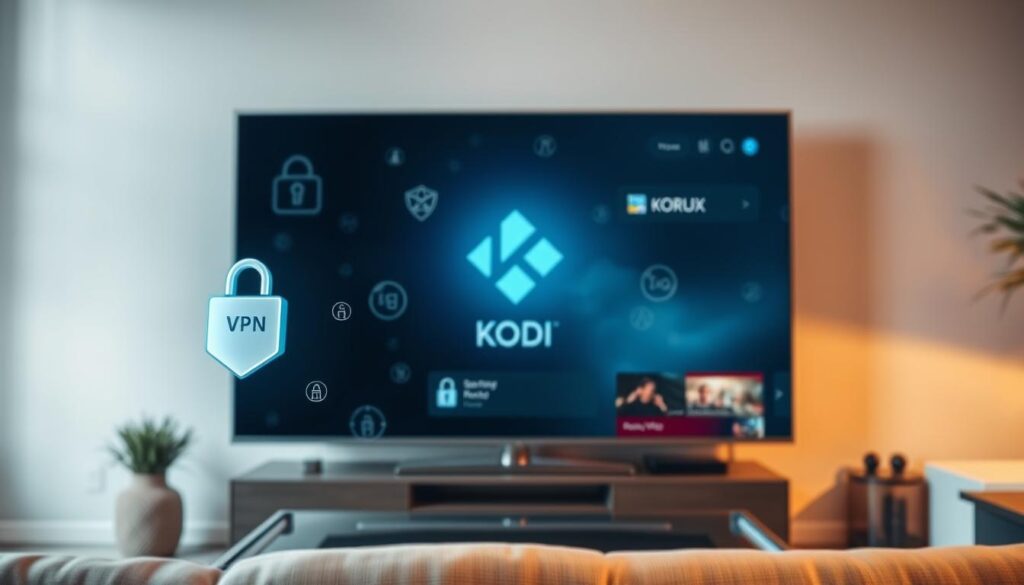 A modern, sleek Samsung Smart TV in a cozy living room setting. In the foreground, a VPN symbol and Kodi logo float against a backdrop of security icons, suggesting the seamless integration of privacy and entertainment. The middle ground features a user-friendly Kodi interface, highlighting its intuitive design. The background showcases a subtle, ethereal gradient, conveying a sense of digital security and tranquility. Soft, warm lighting illuminates the scene, creating a welcoming and inviting atmosphere. The overall composition emphasizes the harmony between technology, entertainment, and personal privacy.